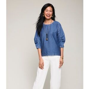 Lisa Bayne Dream Knit Denim Puff Sleeve Pullover Shirt Top, Light Blue, Size S